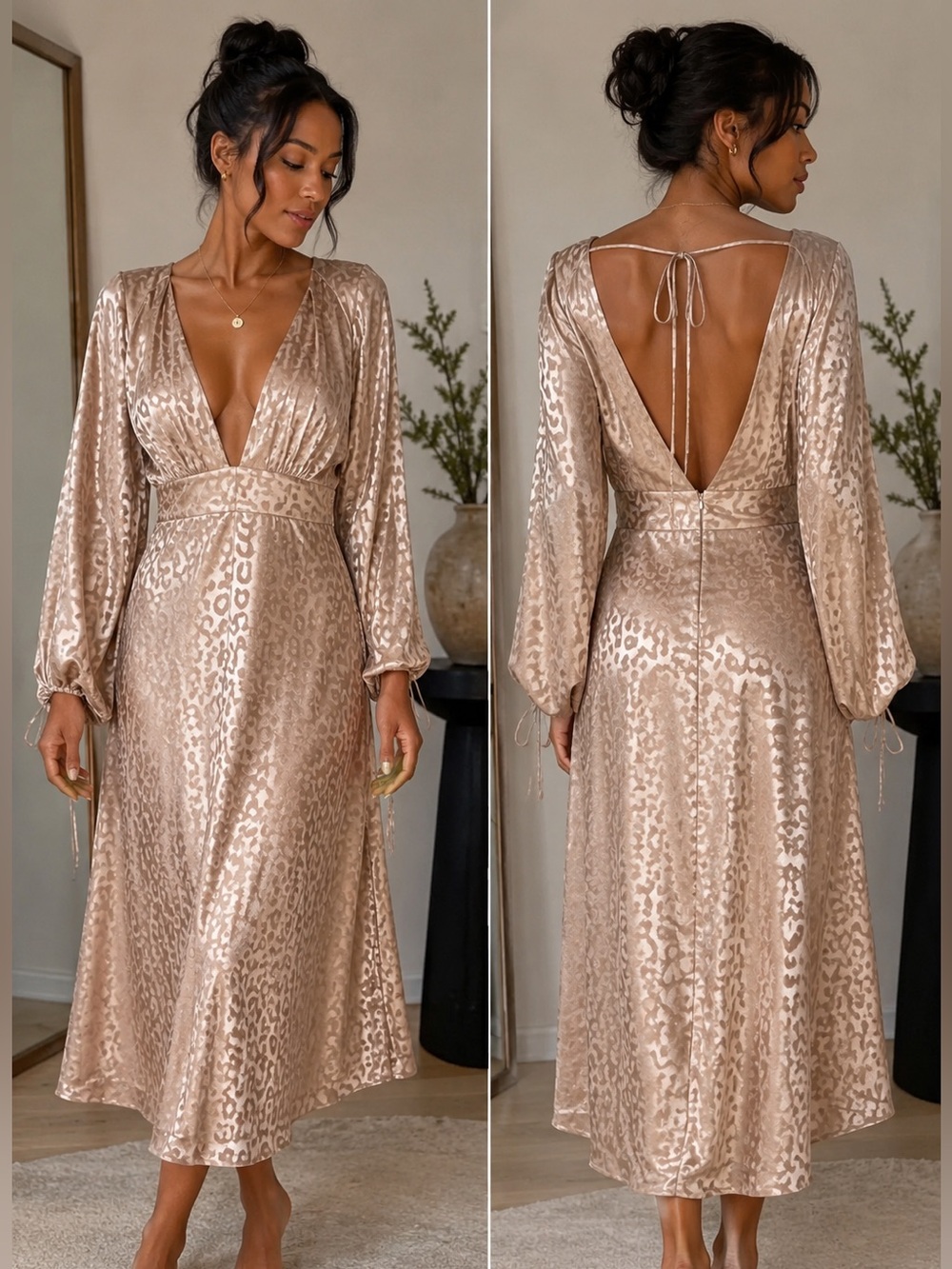 NWT Lani The Label XS Leopard Satin Midi Dress Metallic Open Back Balloon Sleeve